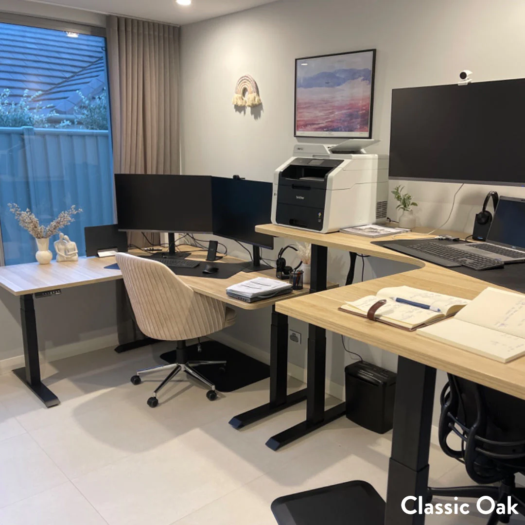 Desky L-Shape Curved Laminate Sit Stand Desk - Image 15
